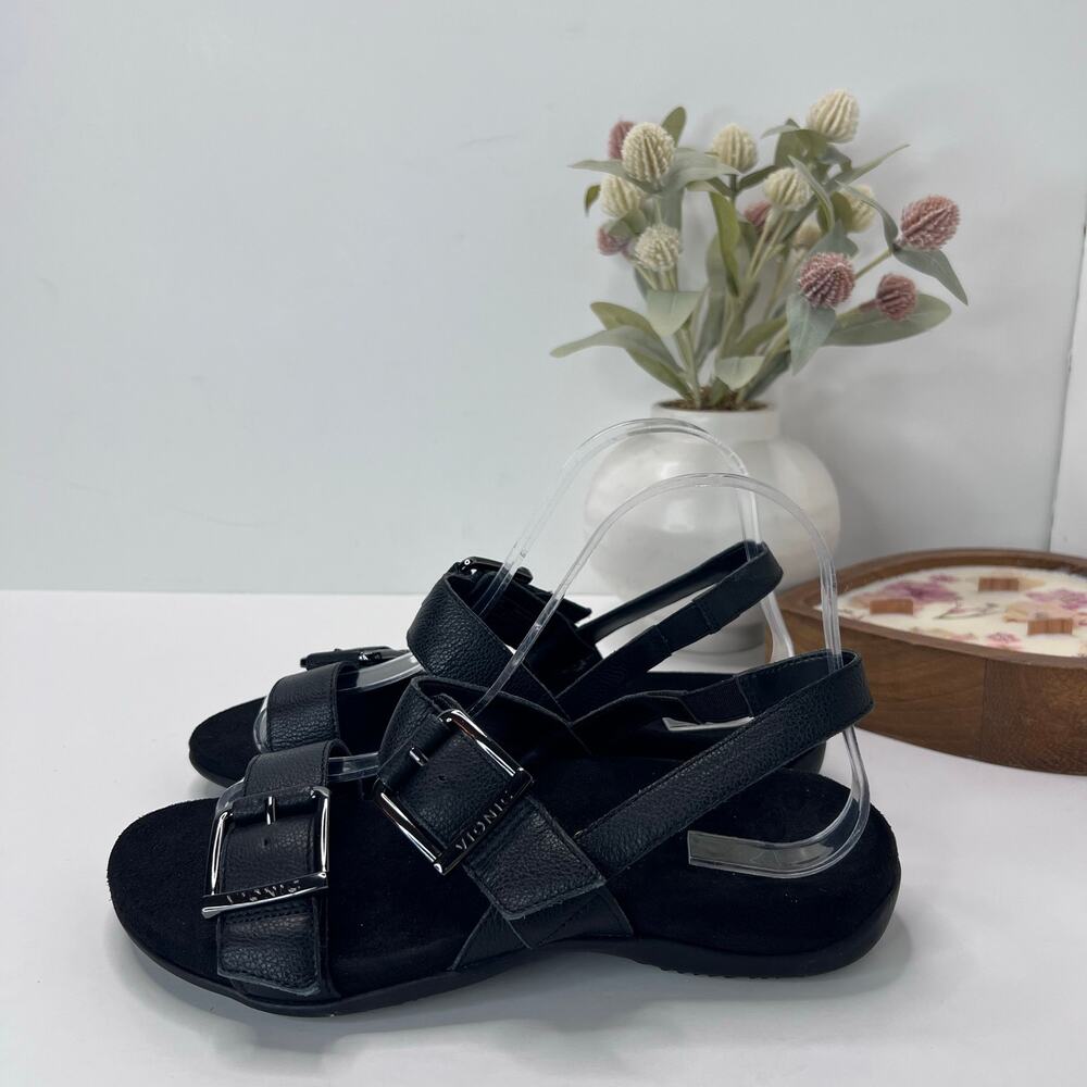 Vionic Reese Leather Strappy Buckle Sandal Black Women 7 Wide Tried On